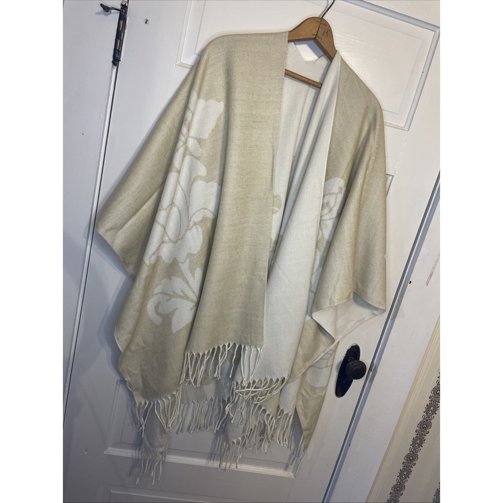 Reversible Over the Shoulder Wrap Very Soft Neutral Warm Color Floral Fringe